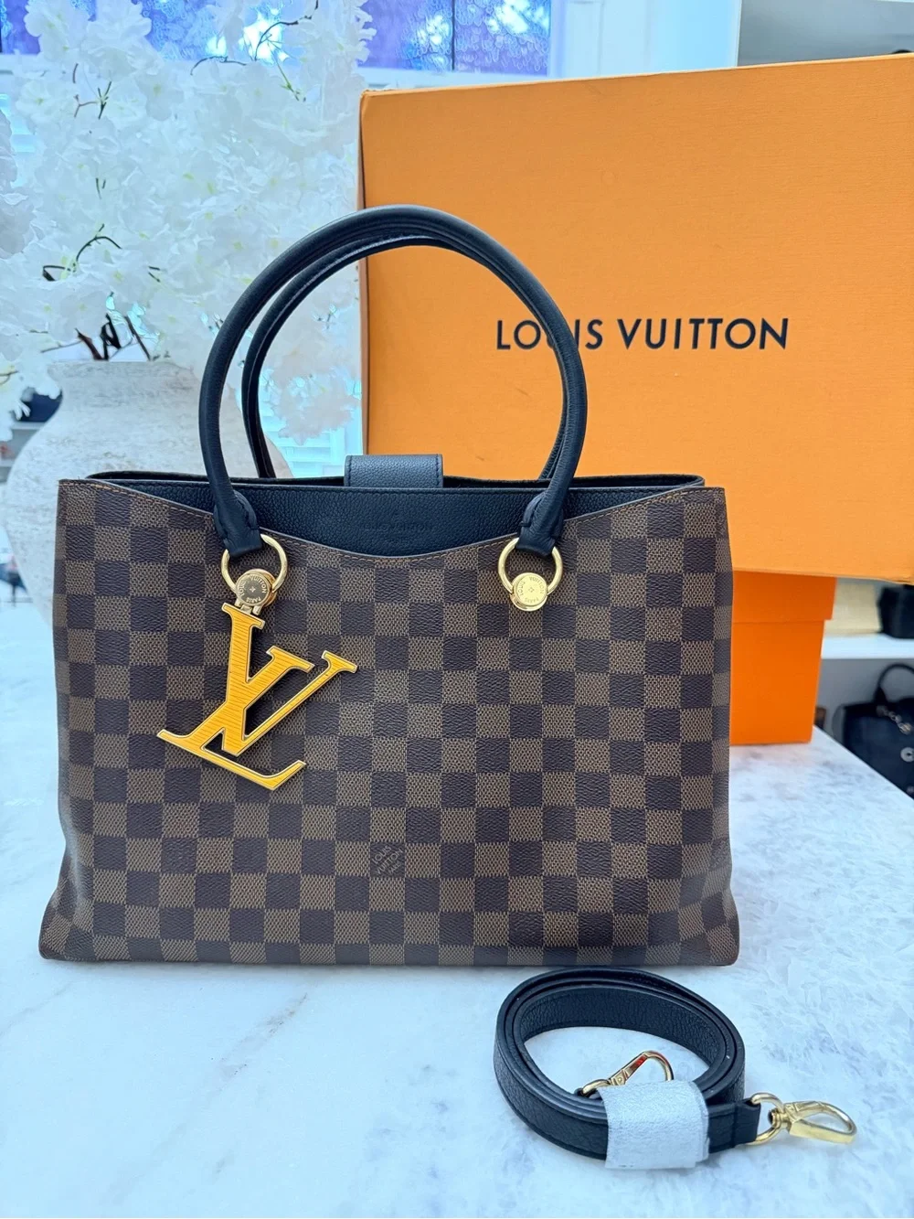 Louis Vuitton Brown Damier Ebene Canvas Satchel with Gold LV Charm